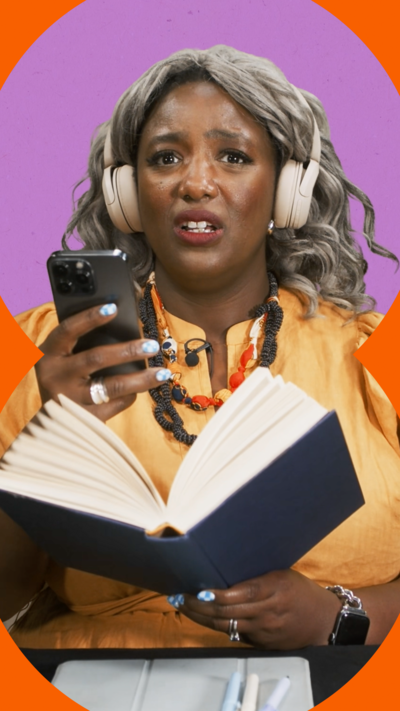 Image of presenter looking at her phone, reading a book and listening to music on headphones